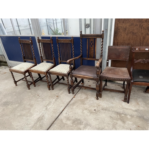 3023 - FOUR VARIOUS EARLY 20TH CENTURY OAK BARLEYTWIST DINING CHAIRS, VICTORIAN DINING CHAIR AND ONE OTHER