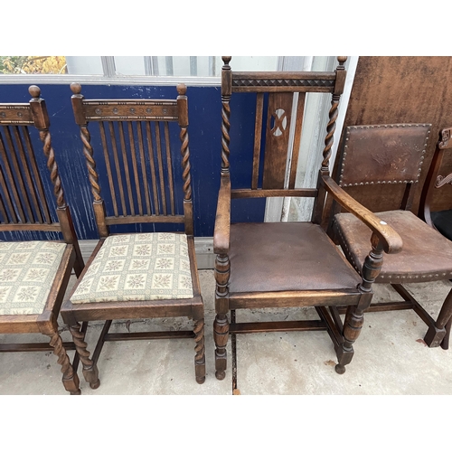 3023 - FOUR VARIOUS EARLY 20TH CENTURY OAK BARLEYTWIST DINING CHAIRS, VICTORIAN DINING CHAIR AND ONE OTHER