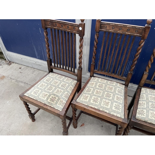 3023 - FOUR VARIOUS EARLY 20TH CENTURY OAK BARLEYTWIST DINING CHAIRS, VICTORIAN DINING CHAIR AND ONE OTHER