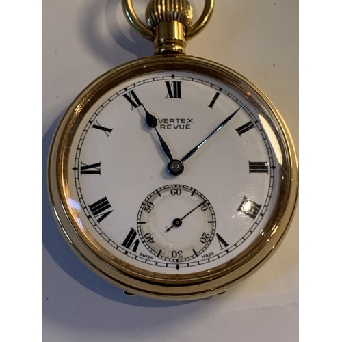 729 - A GOLD PLATED VERTEX REVUE POCKET WATCH SEEN WORKING BUT NO WARRANTY