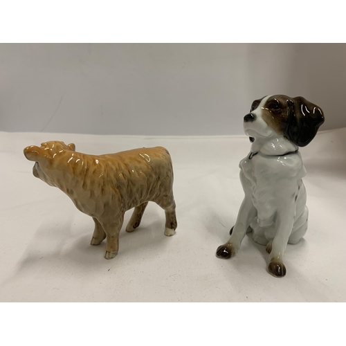 799 - TWO ITEMS - A BESWICK HIGHLAND CALF AND A CONTINENTAL VOLKSTEDT DOG