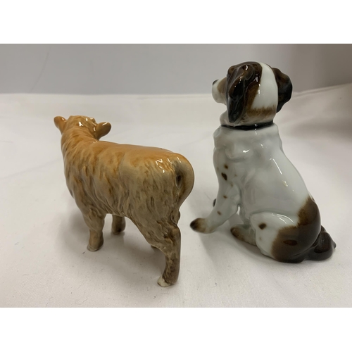 799 - TWO ITEMS - A BESWICK HIGHLAND CALF AND A CONTINENTAL VOLKSTEDT DOG