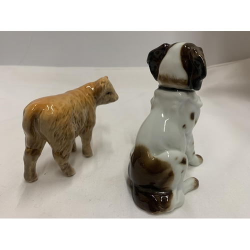 799 - TWO ITEMS - A BESWICK HIGHLAND CALF AND A CONTINENTAL VOLKSTEDT DOG