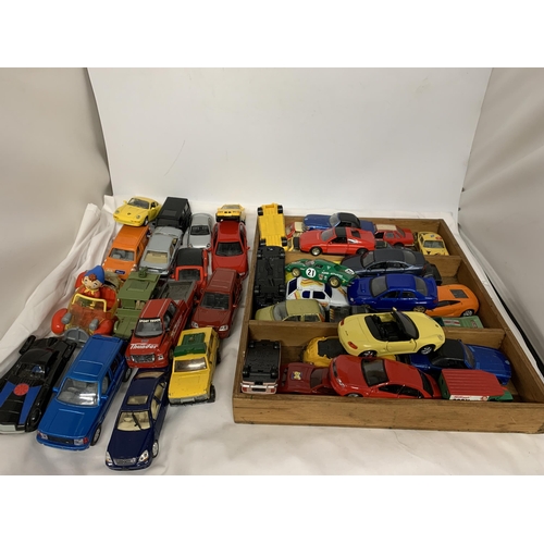 390 - A LARGE QUANTITY OF CARS TO INCLUDE A NODDY CAR, PEUGEOT, THUNDER TRUCK, ETC.,