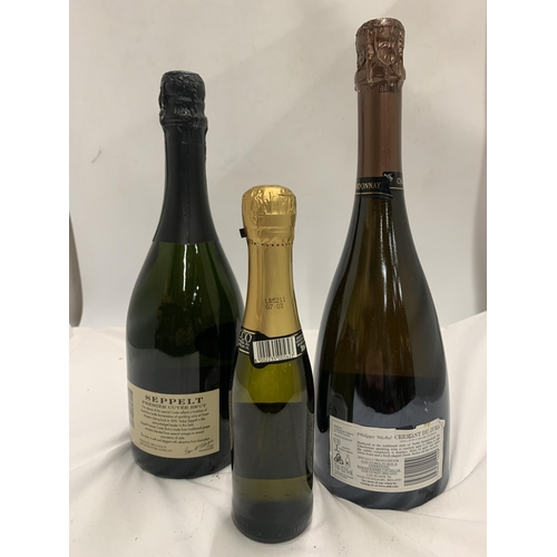 543 - THREE BOTTLES - SEPPELT PREMIER CUVEE BRUT, CREMANT DU JURA CHARDONNAY AND PROSECCO ZONIN HALF BOTTL... 