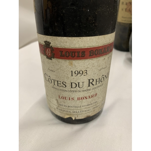 550 - FOUR MIXED BOTTLES - 1993 COTES DU RHONE LOUIS BONARD, HARDY'S, 1999 FRANKEN SPATLESE AND 1997 WURTT... 