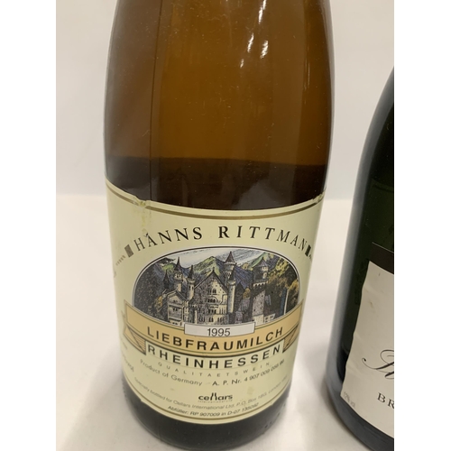 555 - THREE MIXED BOTTLES - HANNS RITTMAN 1995 LIEBFRAUMILCH, JULES FERAUD CHAMPAGNE AND HALF BOTTLE CHAMP... 