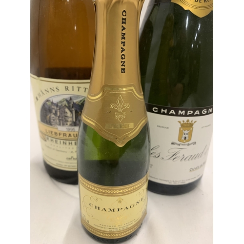 555 - THREE MIXED BOTTLES - HANNS RITTMAN 1995 LIEBFRAUMILCH, JULES FERAUD CHAMPAGNE AND HALF BOTTLE CHAMP... 