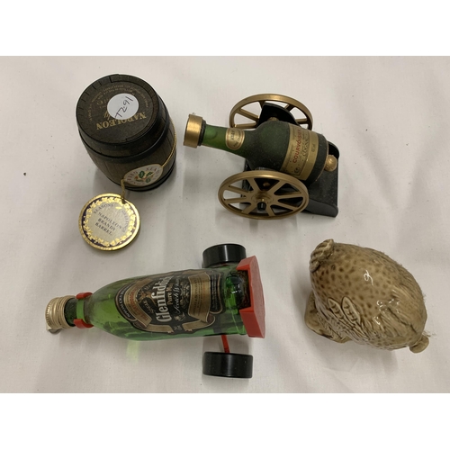 557 - A MIXED LOT OF MINIATURES - COURVOISIER CANNON, GLENFIDDICH ON GOLF TROLLEY, BARREL AND BIRD DECANTE... 