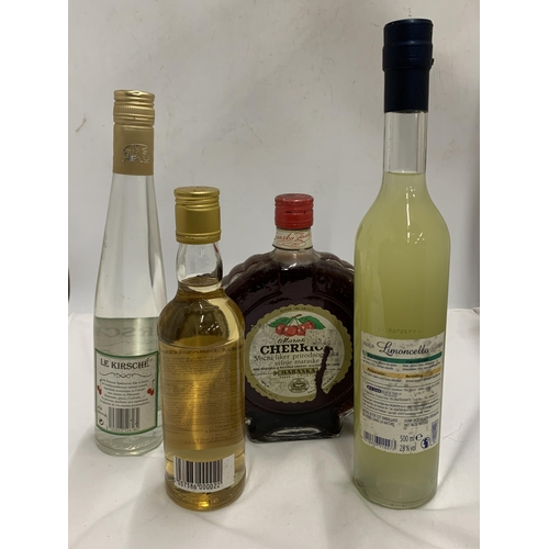 572 - FOUR MIXED BOTTLES - LINDIS FARNE 35CL MEAD, LE KIRSCHE, MARASKA CHERRICA AND LIMONCELLO