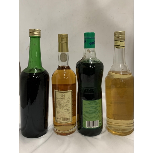 576 - FOUR MIXED BOTTLES - MARASKA CHERRY BRANDY, ANNE FINE CALVADOS, 1L SIROP DE MENTHE AND MARASKA APRIC... 