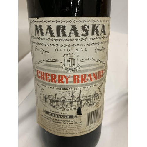 576 - FOUR MIXED BOTTLES - MARASKA CHERRY BRANDY, ANNE FINE CALVADOS, 1L SIROP DE MENTHE AND MARASKA APRIC... 