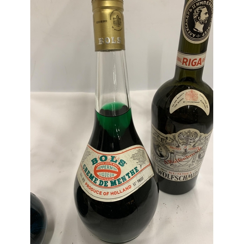 581 - FOUR MIXED BOTTLES - BOLS CREME DE MENTHE, VICENTE BOSCH ETC