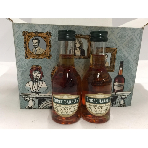 612 - A BOX OF TWELVE 5CL MINIATURES - THREE BARREL'S VSOP BRANDY