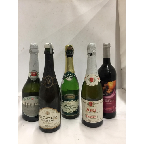 624 - FIVE MIXED BOTTLES - ASTI, THORNCROFT EDERFLOWER CHAMPAGNE, CAVALIER BLANC DE BLANCS ETC