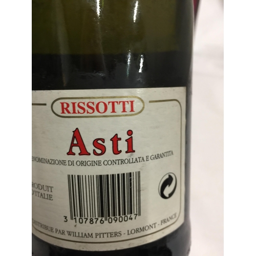 624 - FIVE MIXED BOTTLES - ASTI, THORNCROFT EDERFLOWER CHAMPAGNE, CAVALIER BLANC DE BLANCS ETC