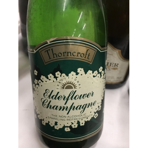 624 - FIVE MIXED BOTTLES - ASTI, THORNCROFT EDERFLOWER CHAMPAGNE, CAVALIER BLANC DE BLANCS ETC