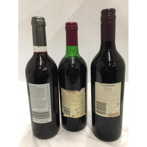 628 - THREE 75CL BOTTLES - LINDEMANS 2004 SHIRAZ, LAGUNA CANYON GRENACHE AND SAINSBURYS CLARET