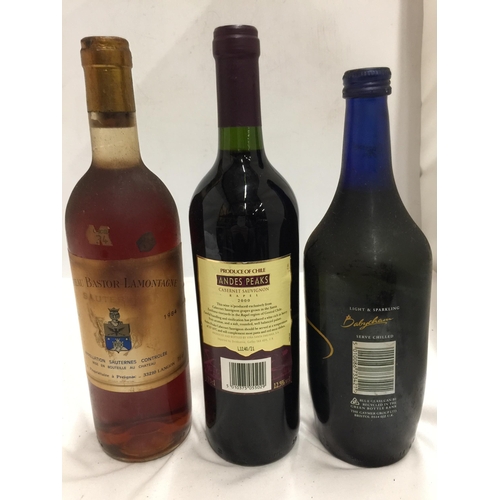 639 - THREE BOTTLES - CHATEAU BASTOR LAMONTAGNE 1984, ANDES PEAKS 2000 CABERNET SAUVIGNON AND BABYCHAM