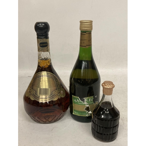 655 - THREE MIXED BOTTLES - VSOP NAPOLEON, CORNISH MEAD AND IRISH MIST LIQUEUR