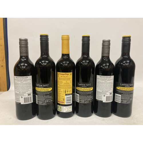 658 - SIX 75CL BOTTLES RED WINE - 2 X MCGUIGAN CABERNET SHIRAZ, 3 X YELLOW TAIL SHIRAZ AND CAMPO VIEJO 201... 