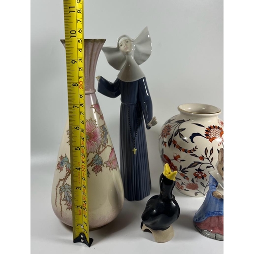 102 - A LLADRO NUN FIGURE, (HAND BROKEN), MASONS FLORAL JAR, ROYAL DOULTON BUNNYKINS ETC