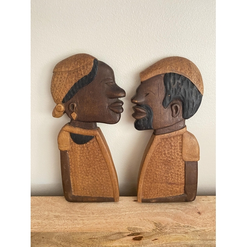 107 - FIVE VINTAGE WOODEN AFRICAN TRIBAL MASKS TO INCLUDE TWO PAIRS OF HANGING FACE ORNAMENTS - SAO TOME A... 