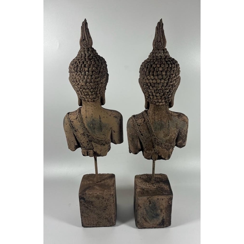 110 - A PAIR OF DECORATIVE STONE BUDDHA HEAD AND TORSOS ON PLINTHS, HEIGHT 39 CM