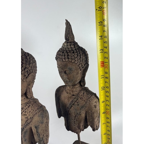 110 - A PAIR OF DECORATIVE STONE BUDDHA HEAD AND TORSOS ON PLINTHS, HEIGHT 39 CM