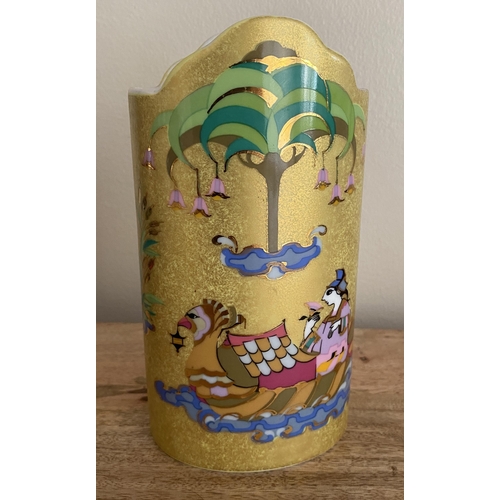 53 - A 1970S ROSENTHAL BJORN WIINBLAD GOLD VASE WITH FIGURES IN BOAT DESIGN, SIGNED, HEIGHT 17 CM