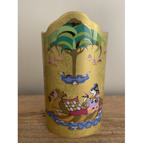 53 - A 1970S ROSENTHAL BJORN WIINBLAD GOLD VASE WITH FIGURES IN BOAT DESIGN, SIGNED, HEIGHT 17 CM