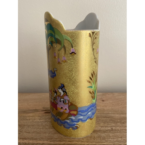 53 - A 1970S ROSENTHAL BJORN WIINBLAD GOLD VASE WITH FIGURES IN BOAT DESIGN, SIGNED, HEIGHT 17 CM