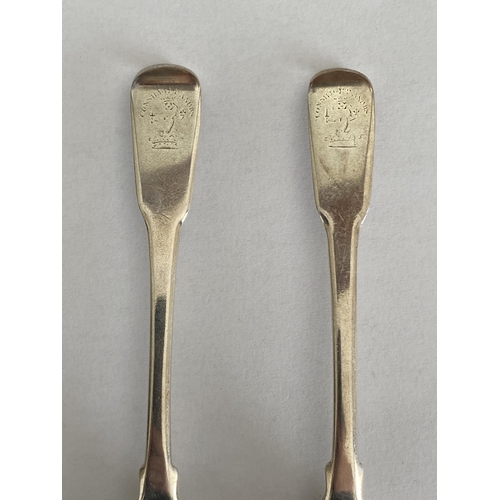 56 - A PAIR OF GEORGE III 1800 SILVER TEASPOONS, LONDON HALLMARKS, MAKER RICHARD CROSSLEY, LENGTH 13.5 CM... 