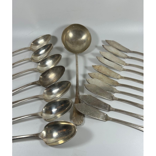 69 - A COLLECTION OF ART DECO CHRISTOFLE SILVER PLATED CUTLERY COMPRISING SPOONS AND A LARGE LADLE IN THE... 