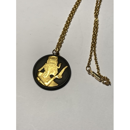 747 - A WEDGWOOD BLACK AND GOLD JASPERWARE EGYPTIAN CHAIN AND PENDANT