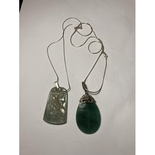 752 - TWO SILVER AND JADE TYPE NECKLACES