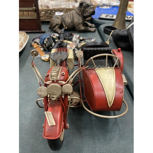 132 - A TIN PLATE MOTOR BIKE AND SIDE CAR MODEL