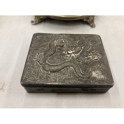 150 - A MIXED VINTAGE LOT TO INCLUDE PEWTER DRAGON BOX, JAPANESE LACQUERED BOX, SILVER PLATED CANDLEABRA, ... 