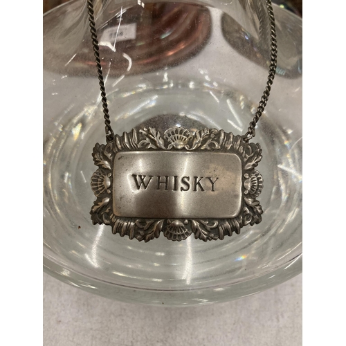 155 - A GLASS DECANTER WITH SILVER PLATED WHISKY DECANTER LABEL