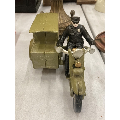 159 - AN UNUSUAL HEAVY CAST MOTOR BIKE, POSTMAN AND PARCEL POST SIDE CAR