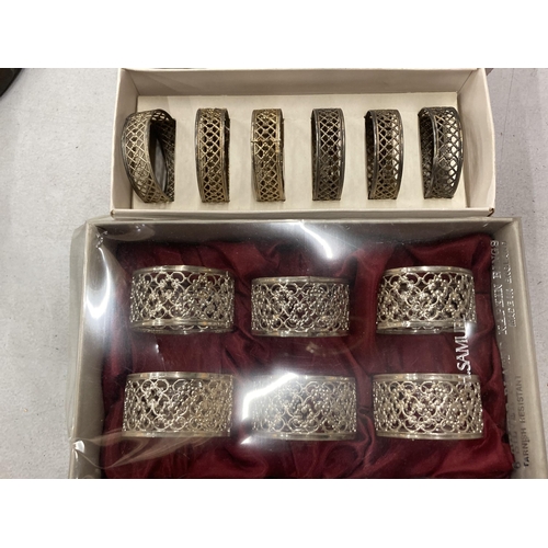 238 - A GROUP OF SILVER PLATED ITEMS - BOXED NAPKIN RINGS, HIP FLASK ETC