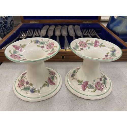 266 - THREE MINTONS HADDON HALL PATTERN ITEMS - PAIR OF CANDLESTICKS AND TRAY