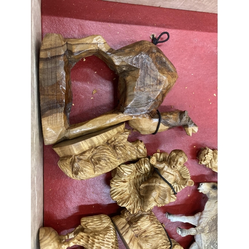 269 - A BOX OF HOLY LAND OLIVE WOOD NATIVITY SCENE FIGURES