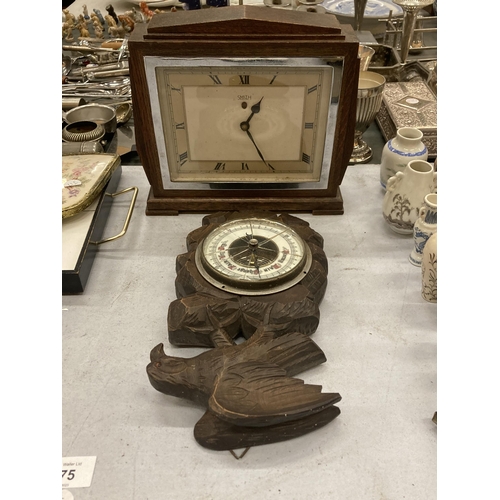 275 - TWO VINTAGE WOODEN CASED ITEMS - SMITHS MANTLE CLOCK AND BAROMETER