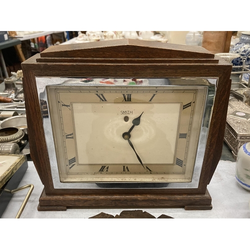 275 - TWO VINTAGE WOODEN CASED ITEMS - SMITHS MANTLE CLOCK AND BAROMETER