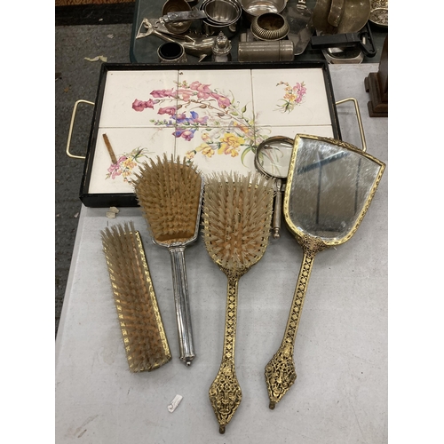 278 - A GROUP OF EMBROIDERED DRESSING TABLE ITEMS AND TILE DESIGN TRAY