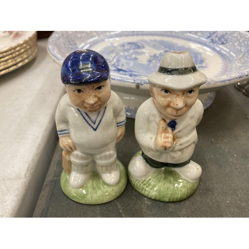 280 - THREE ITEMS - HP CRICKETER CONDIMENTS AND A VINTAGE BLUE AND WHITE PLATE