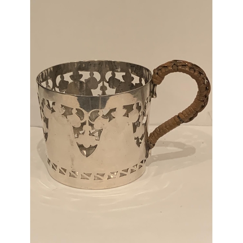 13 - A HALLMARKED SHEFFIELD PIERCED MUG GROSS WEIGHT 81 GRAMS (ENGRAVED)