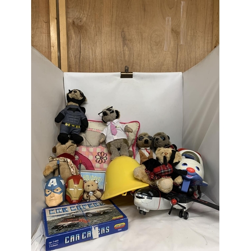 410 - A MIXED LOT OF TOYS TO INCLUDE MEERKATS, FIREMAN SAM HELMET, JIGSAW, ETC.,