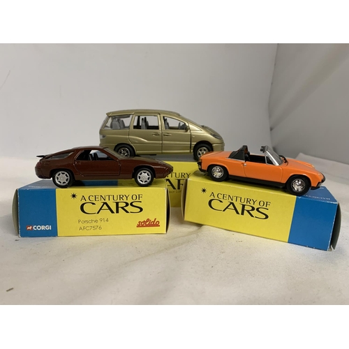 420 - THREE BOXED CORGI 'A CENTURY OF CARS' TO INCLUDE A PORSCHE 928 GT, 914 AND A NISSAN PRAIRIE